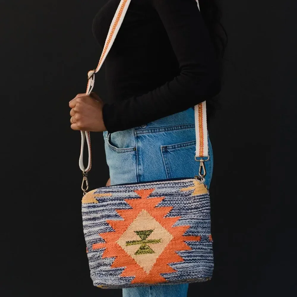 Blue Orange Yellow Western Aztec Cotton Crossbody Bag